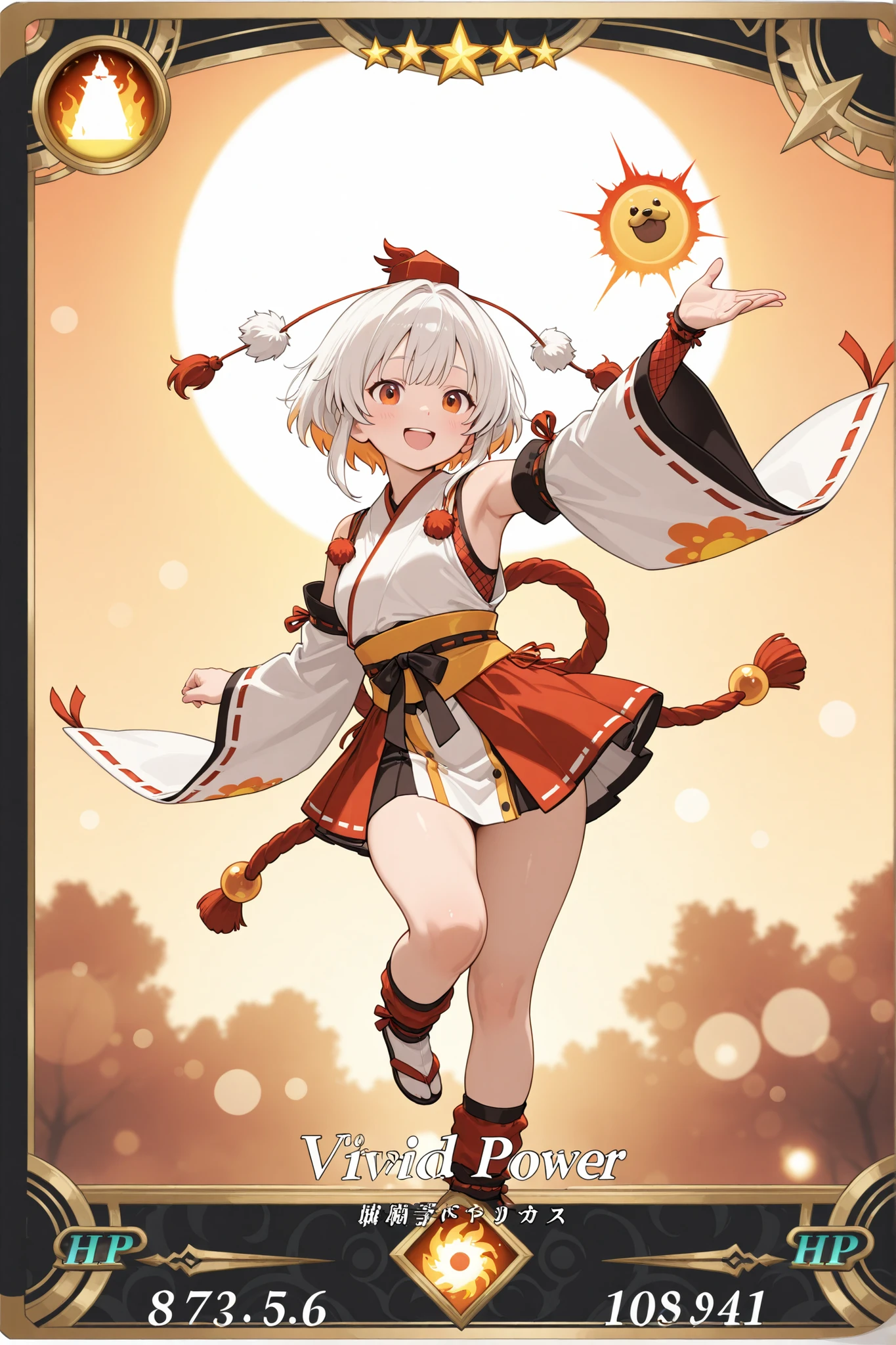 trading card, handwritten illustration, Tasteful style of painting, Attack power and defense power, Chibi Characters、cute tengu girl, Sky Dog Decoration, tengu costume , Tengu no Tsubasa, Tengu clogs, white hair red mesh, yellow porn, boyish, High Quality, Masterpiece, extreme detail, Photographically Realistic, HDR, UHD, Studio Lighting, HYPER DETAIL, professional, vivid colors, Bokeh, Warm colors, fantastic atmosphere