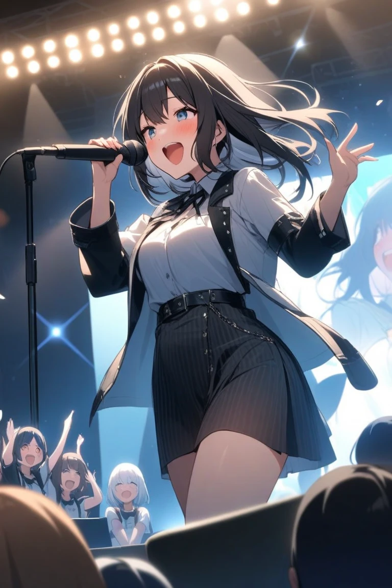 1 female、The exact number of fingers、Exact number of legs、Exact number of arms、bangs, Ribbon Ponytail, Brown Hair, (blush:1), (Put one hand in your panties:1.7), Fingering, (Pussy juice:1.2), Cum in mouth, (Woman holding microphone、I'm trying to sing:1.4)、White and navy idol costume、Navy blue corset、skirt, (Very luxurious and detailed underwear:1.2), Ribbon at collar., (Light blue lace panties:1.3), (Light blue lace bra:1.2), Sexy Underwear, Knee socks、 Beautiful big , (Erect nipples:0.95), skirtはめくれている、(Lift up your shirt:1), Highest quality, High resolution, (Fine and beautiful eyes:1.6), Highly detailed face, Perfect lighting, Highly detailed CG, (Perfect hands, Perfect Anatomy),Embarrassed expression、The expression of someone who is holding back from going to the toilet, (Sexual pleasure expression:1.4), (Anguished expression:1.2)、close your eyes、Sexy Looks、Examined、mouth half open、climax、(Live Stage、audience:1.3)