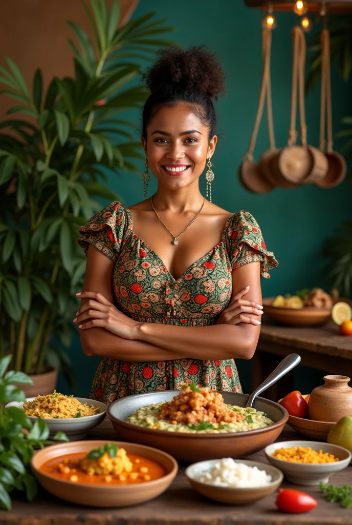 Realistic image of a white Brazilian woman sitting looking at food hungrily
