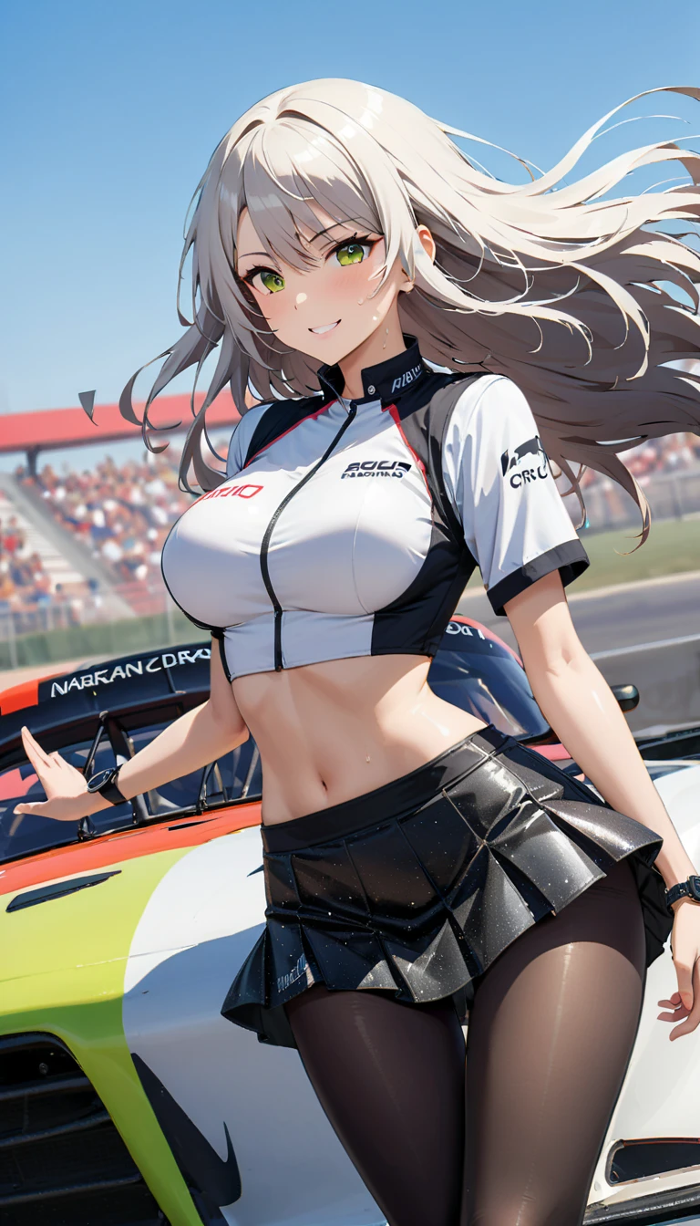 ((perfect hands)), ((perfect anatomy)), (((komi_shouko))), purple hair, ponytail, purple eyes, large breast, wet body, race queen, unbottened shirt with red bull logos, dark blue mini skirt, street race circuit, standing next to a race sport car, enamel, blush