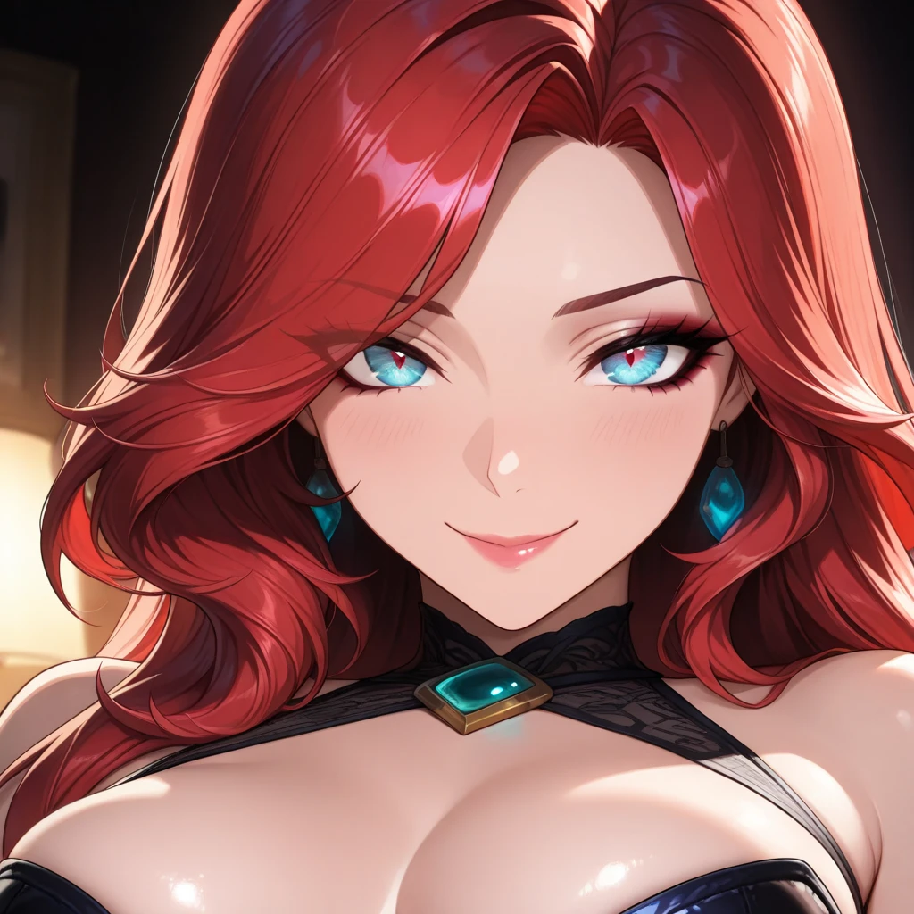 Portrait photo, ((Vivid red hair)), mature woman, 30 years old, diamond face, moonlights, red starry sky background, Depth of field, magie, big red lips, ((dark black eyes)) long and full black and red dress, chest coverd, mystical atmosphere, menacing shadows, intense blue aura, Intense red aura (best qualityer:1.2), absurderes, details Intricate, (highly detailed skin:1.2), smile expression, posando, tense and well-defined body, appealing. highly realistic, pale skin, comely, Hyper-Realism, very elaborate skin, direct gaze
Big breasts ,long tassel earrings