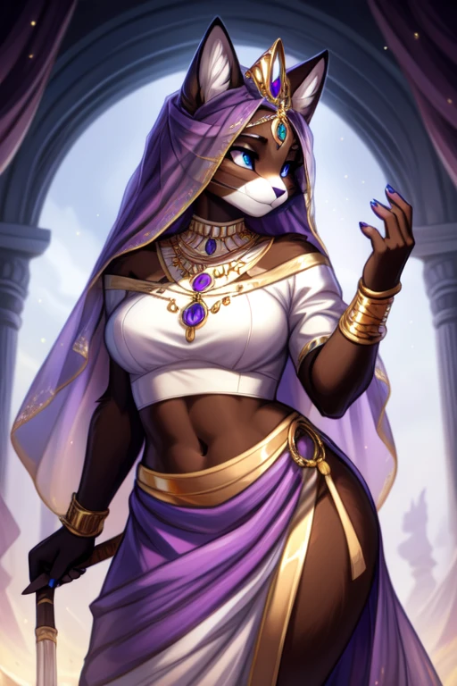 ultra-detailed illustration of anthro cat with light purple body and white belly, female cute cat, solo, furry, fursona, kemono, beautiful gradient eyes, heterochromia, purple and green eyes, Arabian belly dancer, detailed ancient Egyptian-style folk costume, translucent veil, She is sitting on a garishly patterned carpet, in a luxurious bedroom with a purple canopy, wariza, makeup, mascara, pink eyeshadow, accessories made from lots of goldworks and emeralds, depth of field, chromatic aberration, light particles, masterpiece, best quality, beautiful concept art, very aesthetic
