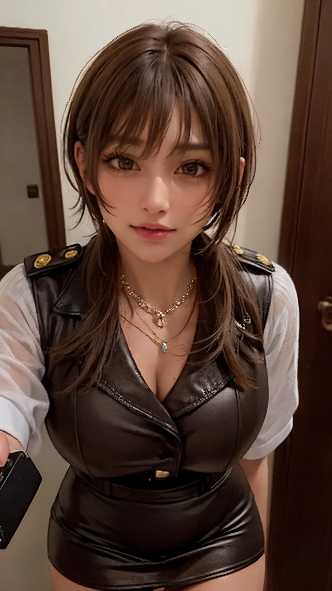 1 girl on break day、solo、masterpiece,Highest Quality,high resolution,Very Detailed, (Oilskin:1.3, wet glowing skin 、detailed skin texture in one tape、 jewelry, accessories、colorful contact lenses:1.3, necklace,White and yellow pixie short hair:1.2)、Please move the camera away a little.,
in their 40s、
(tmasterpiece:1.4), ((Giant Breasted)), Super Detail, 1 girl, brown eyes in the bedroom, There is one girl with a long, long head, wearing a police uniform and miniskirt, City streets,Sexy Behavior, The camera is close to the body