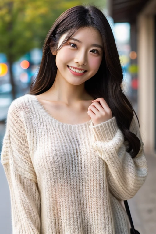 (best qualtiy,8K,tmasterpiece:1.3),(sharp fokus:1.2),ccurateblack hair,ssmile,(one-girl:1.2),(perfect body figure:1.4),(Short sweater:1.4)(denim pant:1.2),outside,autumnal,rays of sunshine,Fine face,beautidful eyes,Straight legs