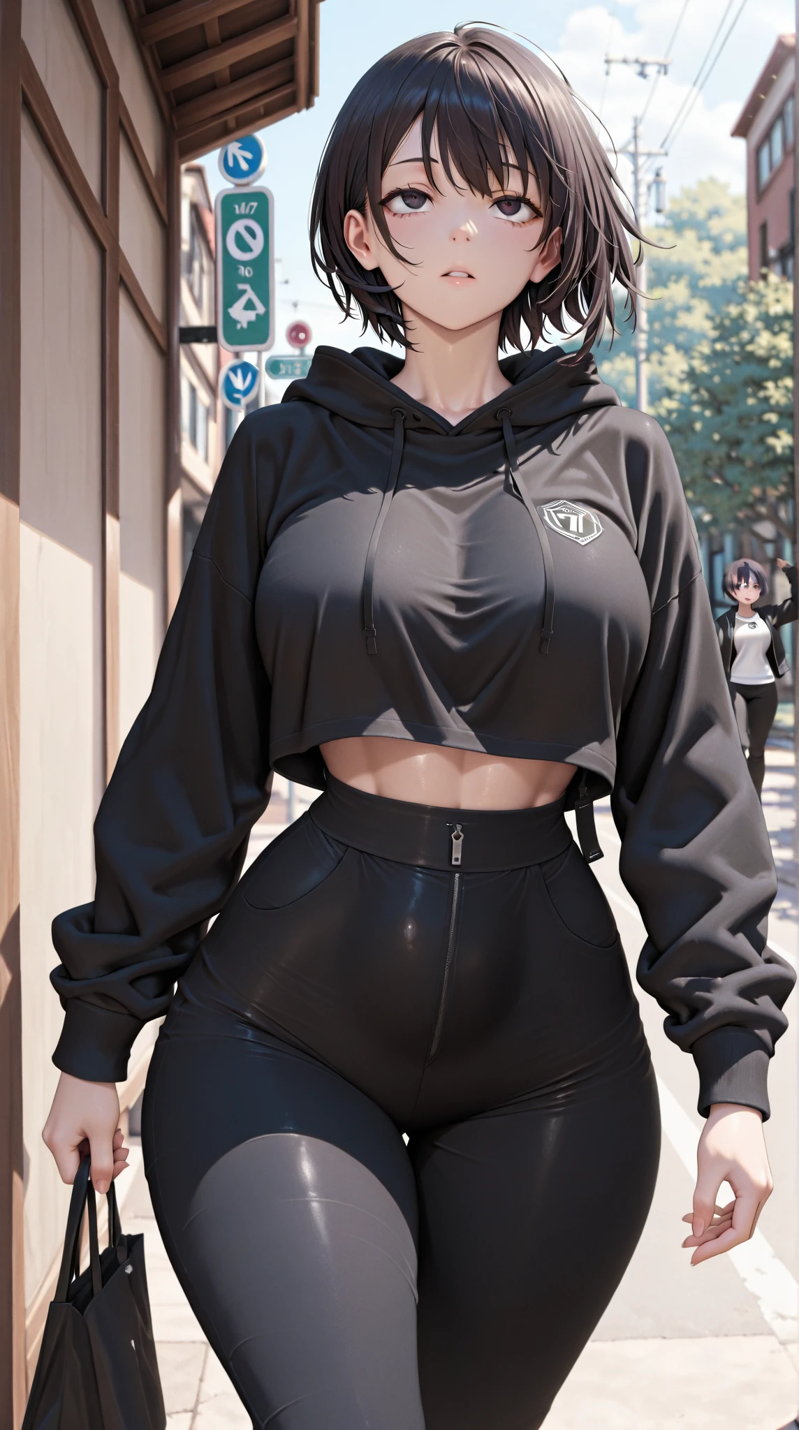 8k, highres, ultra detailed, (masterpiece:1.4), best quality, symmetrical body, a beautiful 18 year old girl, (cropped grey cotton hoodie with lettering:1.5), (leather leggins:1.5), full body shot, cute, solo, long hair, brown hair, blue eyes, glow effect, finely eye, detailed face, looking at viewer, smilling at viewer, leaning forward, dominant look, (seductive:1.4), big breasts, sun, rim light, in the city, (sexy pose:1.4)