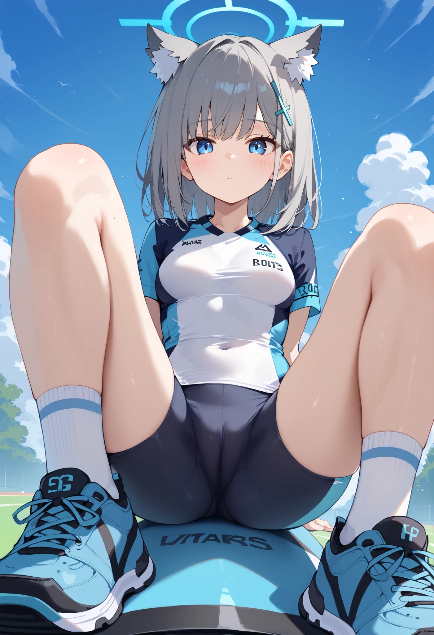 score_9, score_8_up, score_7_up, source_anime,dutch angle,8k,fine details,absurdres,shiroko, animal ears, blue eyes, grey hair, hair ornament, hairpin, halo, medium hair, wolf ears,
bike jersey, bike shorts, cycling uniform, official alternate costume, short sleeves, sneakers, socks, white socks,cameltoe,from below,sitting with knees up, spread legs,
