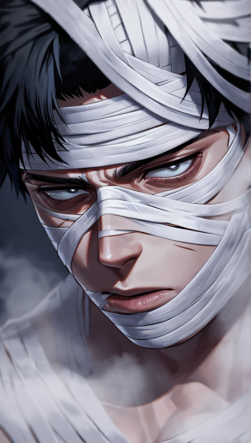 Male mummy, white bandage, face bandage, white eyes, covered with bandages, tanned skin, white balaclava, 
