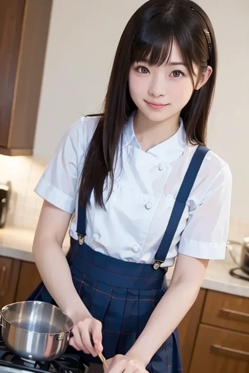 Best image quality, concentrated, Soft Light, Black Hair, (Japanese)), (((front, s old))), (Depth of written boundary), Ultra-high resolution, (Genuine: 1.4), RAW Photos, ((Waitress Uniform)), smile