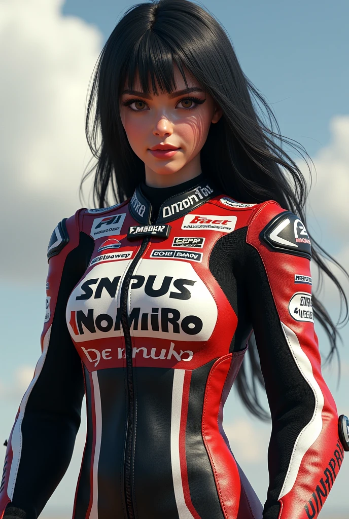 professional photo of terayama reiko, black hair, long hair, hair between eyes, lipstick, makeup, black eyeshadow, detailed hair, detailed face, brown eyes, perfect eyes, perfect face, red bodysuit, biker clothes, mature female, 40yo,  large breasts, cleavage,
detailed skin, detailed eyes, volumetric light, highrez, masterpiece, best quality,
motorcycle, full body,
<lora:TerayamaReiko-000009:0.88:MIDD>