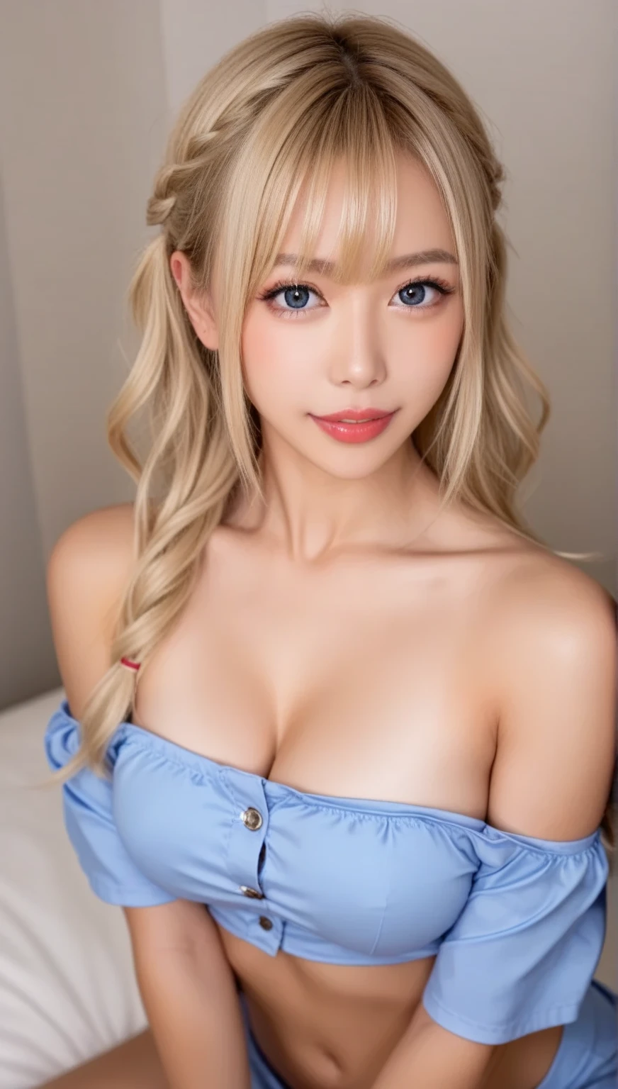 (A very cute 20 year old young woman from Japan.), ((Light blonde delicate hair)), ((Short hair with messy side waves)),(((Slim and slender figure))),Medium bust size、Small breasts、 (((Clean your hands))),(Curly Hair),(((A very kind smile))), (((She wears random colored panties))),(((She's wearing a random color bra))) ((Highest quality, 16K, Tabletop: 1.3)), The light shines on your face, Highly detailed face, Highly detailed lips, Beautiful Eyes,