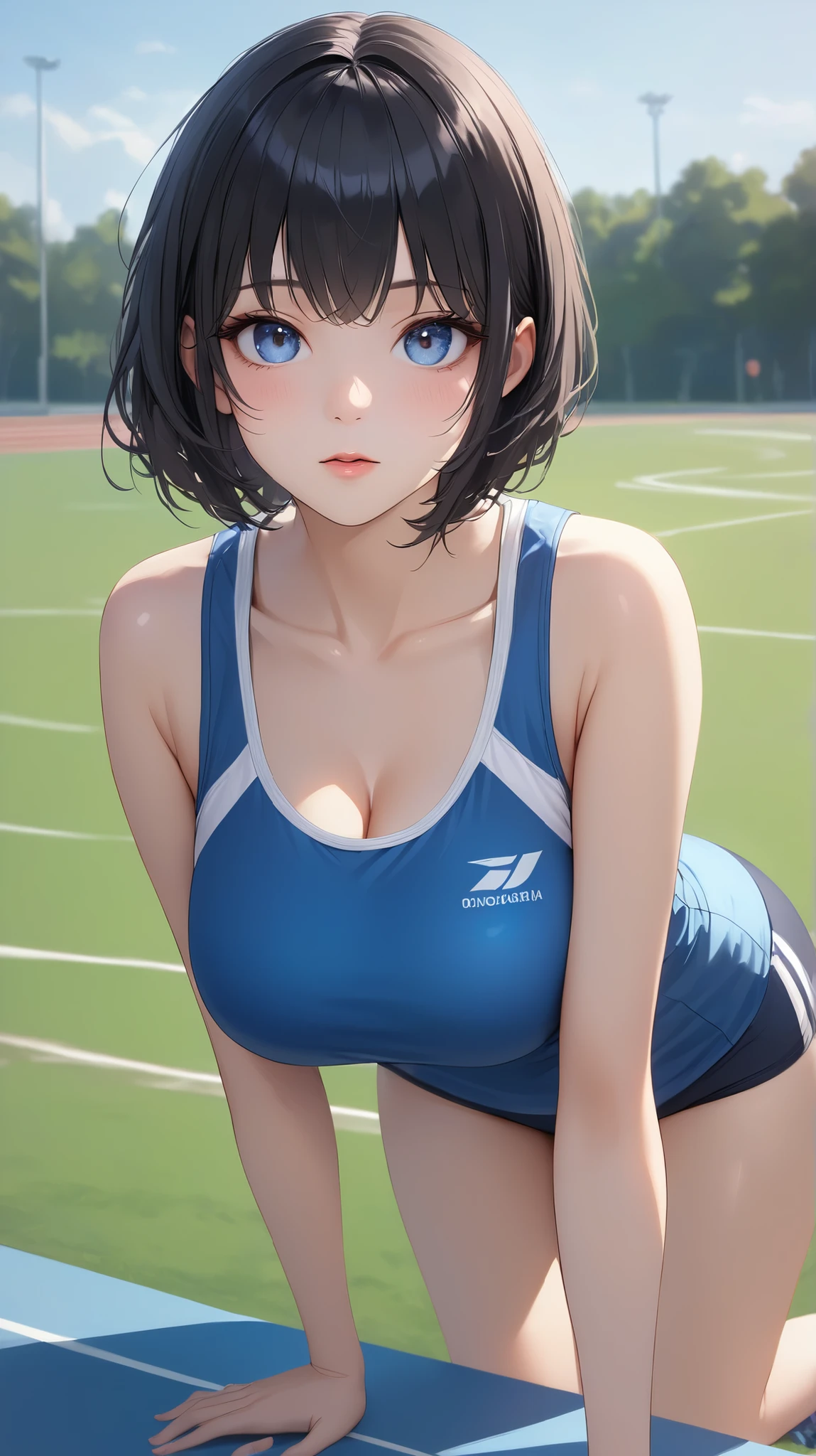 1girl, natural lighting, masterpiece, highly detailed, illustration, game CG, absurdres, high quality, medium breasts, curly hair, ponytail, glossy lips, looking at viewer, lips parted, cheerleader, cleavage, grass, sneakers