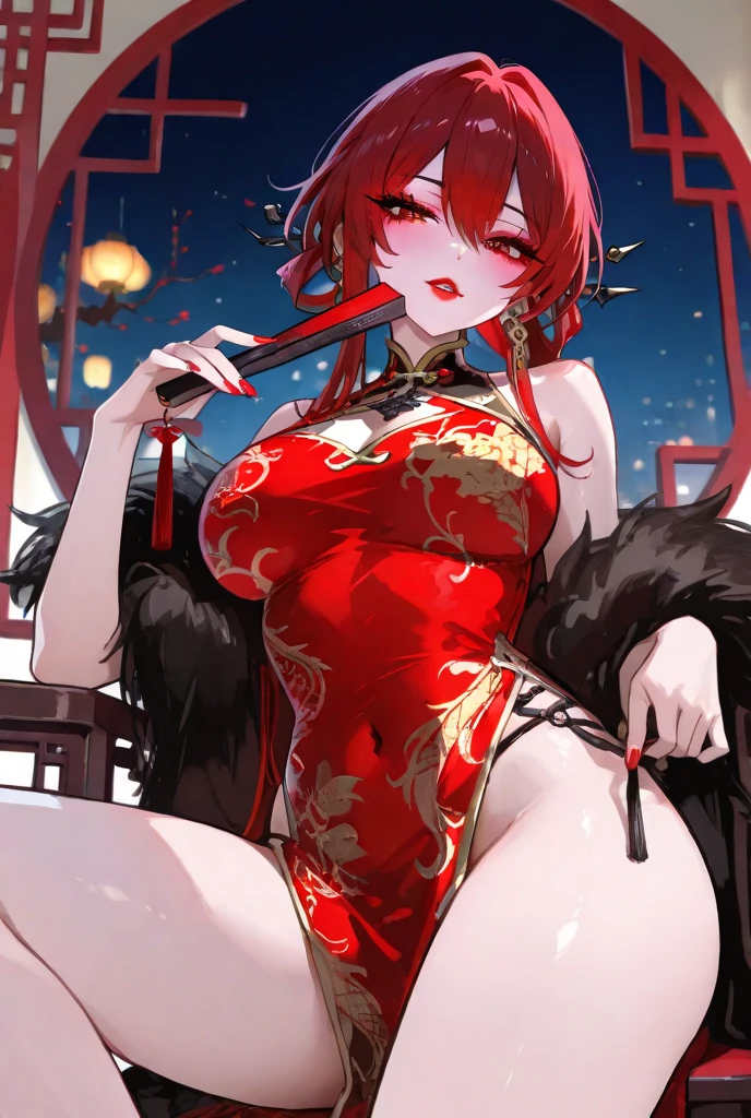 top-quality、Top image quality、in 8K,4K,​masterpiece、(NSFW:1.1)、ultra-detailliert、Beautiful、ultra-quality、adult-like、Cool、((Undersized breasts:1.4、Narrow cleavage, under the boobs, (Bloods:1.4), wounds, (Bloody:1.1), Blood everywhere, (Blood on clothes:1.1), blood pool, (Covered with blood:1.3))、Ferocious girl who sucks people's blood(((18year old、Kyungsi Style:1.3、bra very:1.2、Chinese Long Sleeve:1.5、Wearing Chinese Hair Ornaments:1.5、long braided red hair:1.3、Putting out fangs:1.5、fingers long nails:1.3、Wear Chinese Shoes:1.3. Yellow Eye、erotick:1.4、Happiness、The tattoo)))、hiquality、visualart、Background with((Midnight Chinese Street:1.3、Pitch black Chinese house background:1.4、Black fog:1.3、coffin:1.5))、masutepiece