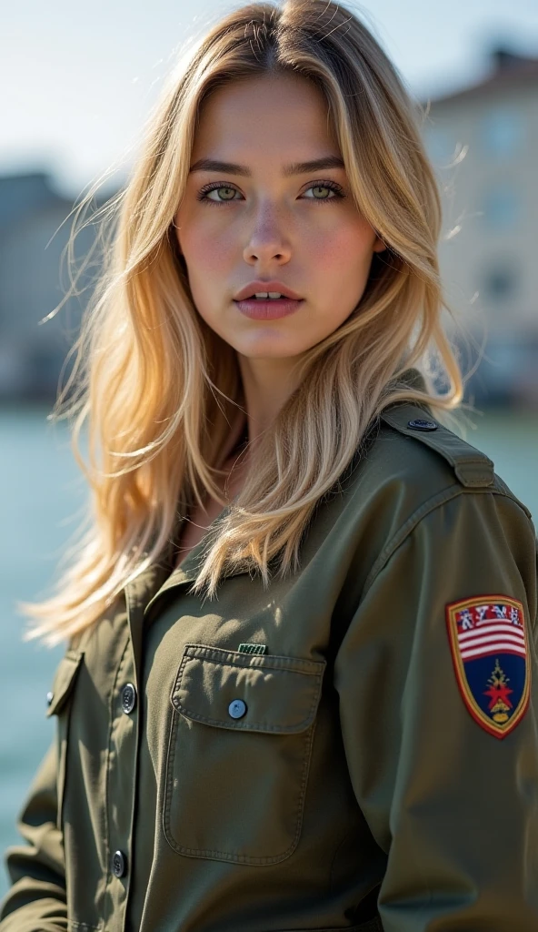 Professional photograph of, <lora:CharlotteMckinneyDogu_chwz:1>, chwz woman 35yo blonde woman, full body shot, she's very fit, she's a naval military officer wearing a (modern fancy navy uniform), she's standing outside a military encampment in a frozen tundra, snowing, sunrays, ray-tracing, she has long blonde hair combed to the sides, she's smiling brightly, toothy smile facing the viewer, 4k, bokeh, 8k, absurdres, masterpiece, highest quality, award winning shot, ray-tracing