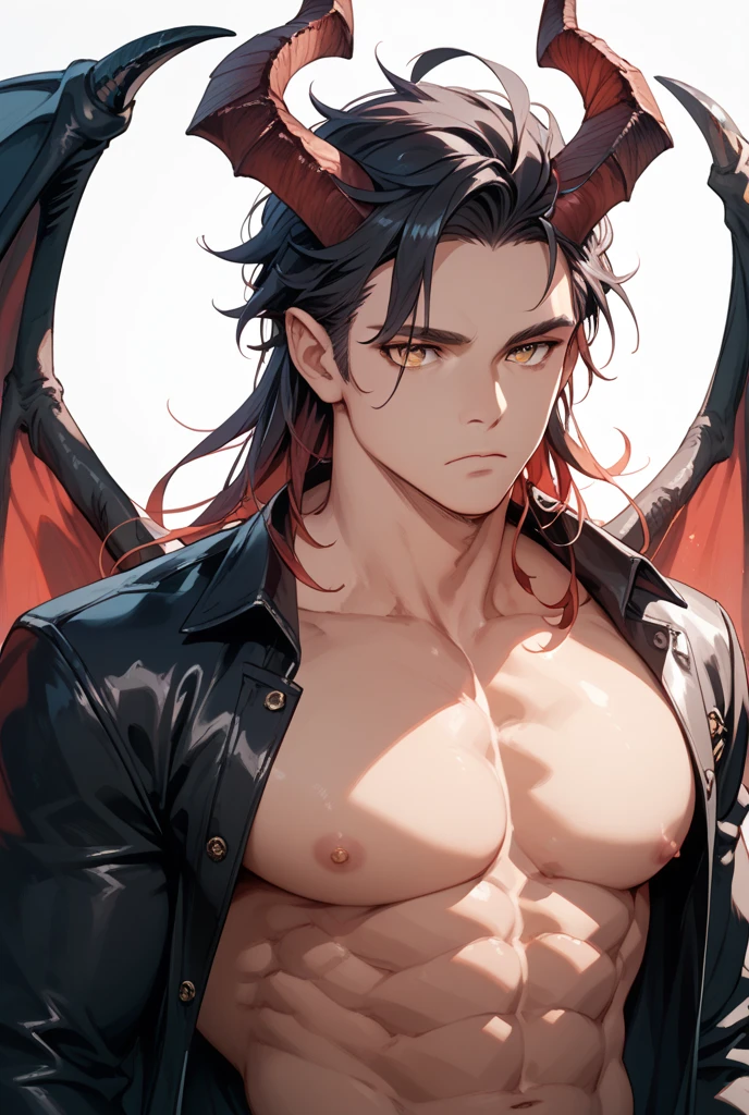 cutesexyrobutts style, 1boy, male_focus, horns, solo, black_hair, long_hair, wings, demon_boy, smile, red_eyes, colored_skin, abs, glowing, topless_male, looking_at_viewer, spikes, demon_wings, muscular, demon_horns, pants, bracelet, glowing_eyes, pectorals, black_pants, spiked_bracelet, tattoo, demon