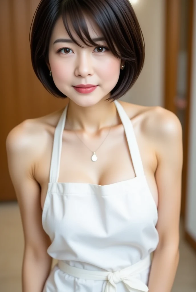 (Best quality, 8k, masterpiece: 1.3), a beautiful woman with perfect figure: 1.4, dark brown hair, wearing a pendant, wearing an apron, in the kitchen, highly detailed face and skin, detailed eyes, double eyelids, big breasts, smile, cooking, apron, short hair