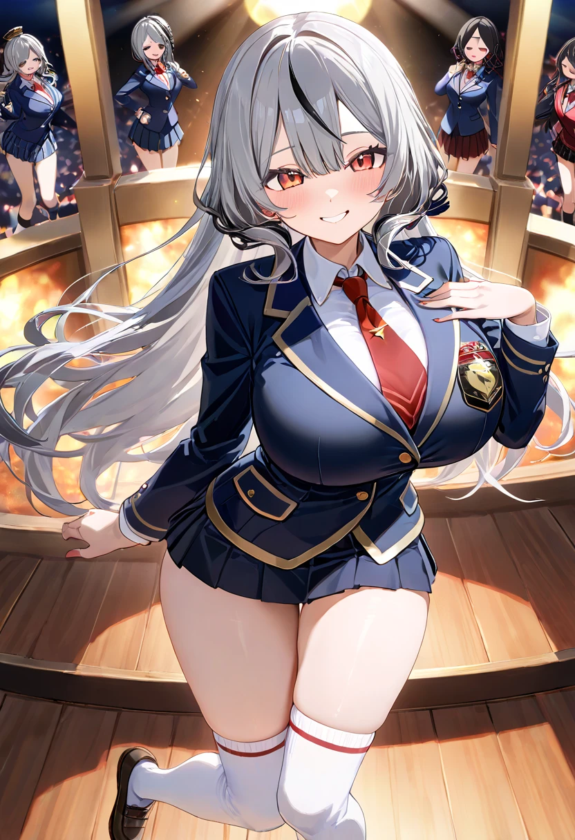 Anime style image of a Hentai girl with long gray hair and very small and flat breasts, ojos azules, muslos grandes y piernas grandes, culo culo grande, She is wearing a very tight uniform She is blushing and smiling perverted She is in a classroom