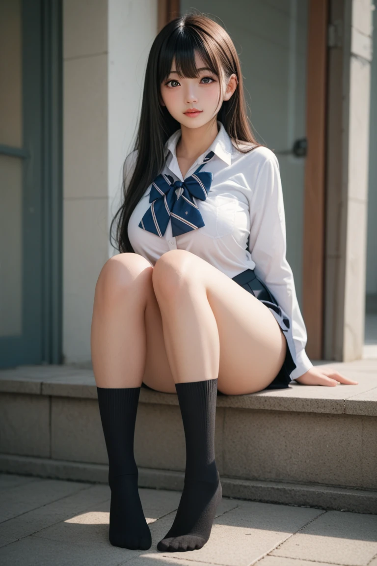 high school girl, , ((Sailor suit:1.3)), ((Red ribbon)), Black pleated skirt, mini skirt, Brown leather shoes, ((Black knee-high socks)), height: 158cm, , Realistic, Browsing Caution, ((Pussy Crack:1.1)), ((spread pussy:1.1)), On the stairs in the park, ((Shiny skin:1.3)), cute, cute, Japanese, 最high quality, shape, Very detailed, In detail, High resolution, 8k wallpaper, Perfect dynamic composition, Beautiful details, Big Breasts, Random sexy poses, whole body, Like a real human being, smile, gravure, 1 female, Black Hair, Long Hair, 15 years oldts:1.3), 最high quality, 8k, high quality, High resolution, (Thick lips), ((Looking at the audience)), double eyelid, Beautiful woman, whole body, Dutch Angle, Fashionable necklaces, Medium Short Hair, (pubic hair:1.3), ((spread legs:1.3))