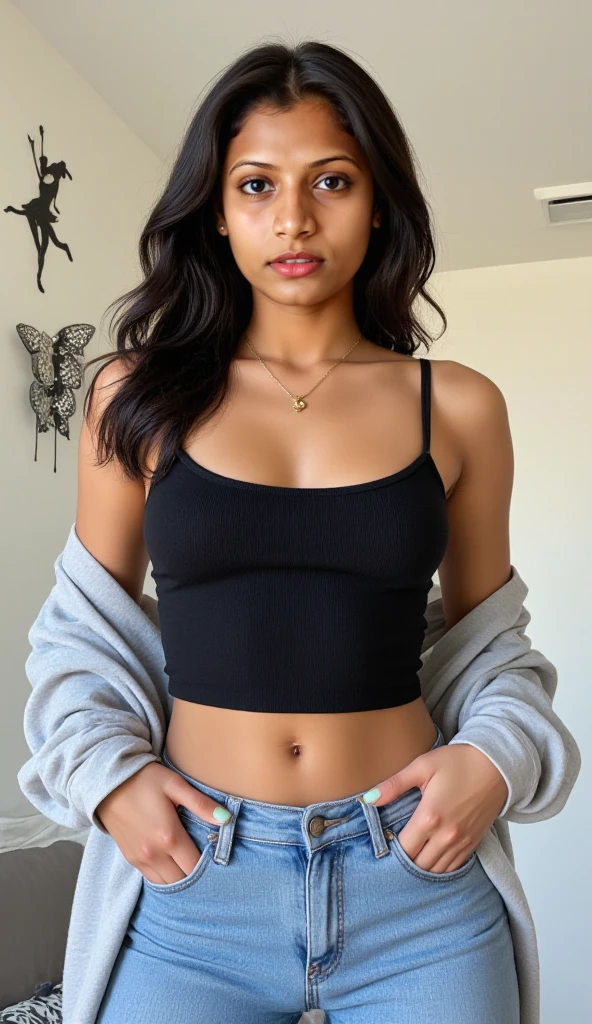 A 22-year-old black woman, with curly black hair, and a mole near the lips. She's wearing casual, comfortable clothes, typical to use at home, no sensual connotations. Her appearance is beautiful and reflects a common Brazilian face. The photo should look as if it were taken on a cell phone, capturing an everyday moment with natural lighting. The image must be 8k quality, with photographic realism that shows every detail in an authentic and natural way.