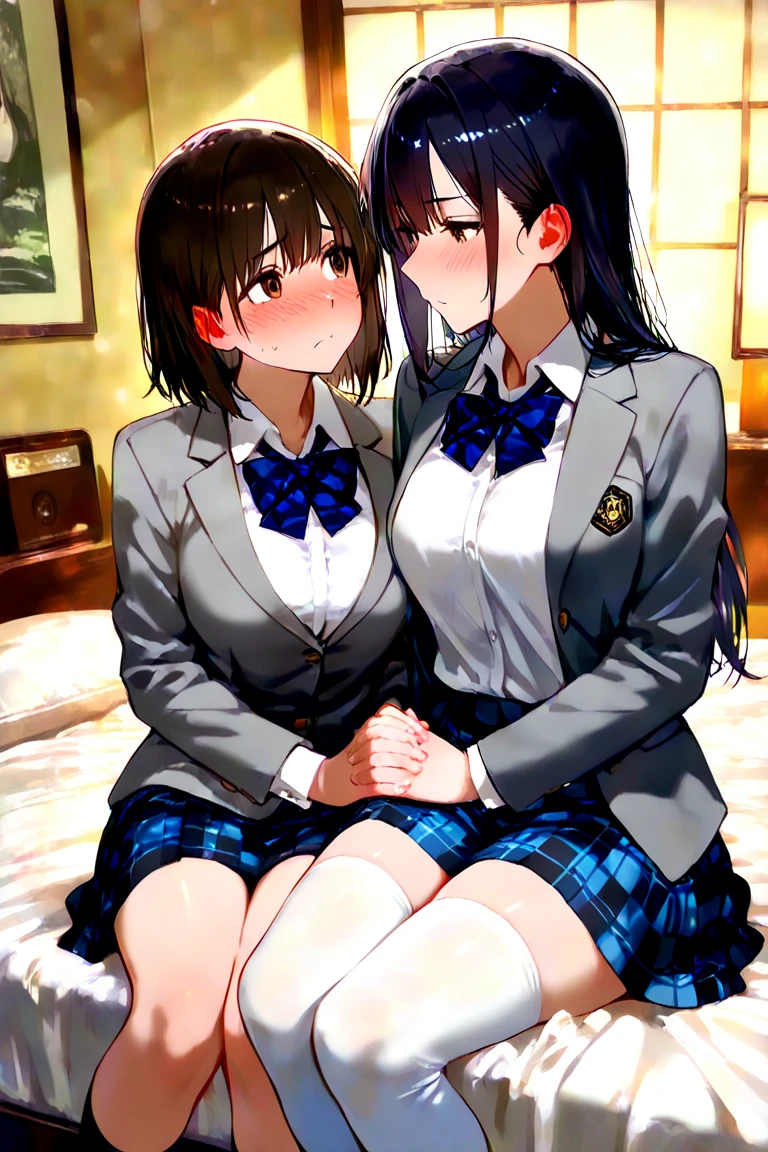 masterpiece, best quality, (two girl are having sex:1.3), home, on bed, missionary position, high school student, (plump:1.2), short height, medium length hair, (ahoge:1.0), (brown hair:1.2), brown eyes, hairs between eyes, collared shirt, blazer, pleated skirt, , bow, black thighhighs, (saliva:1.4), (pussy juice:1.5), (sweat:1.2),