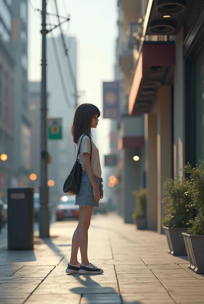 Pixar-type poster with a short 3 with long, straight black hair, She wears a purple sleeved blouse and a knee-length fitted denim skirt., white low converse tennis shoes. In his right hand he has a cell phone. He is walking on the street where there are cars 