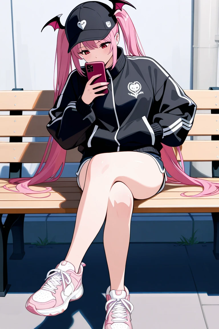 The twin sisters have white pink hair, cat ears, A good, my face is super red, black glasses, pink eyes a big pink sweatshirt, a black skirt a cat tail, a woman. very shy sitting in a pool her feet are inside