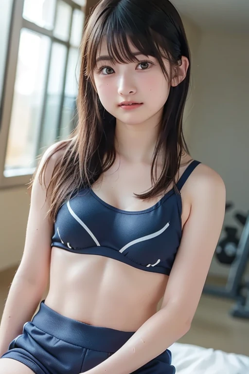 One girl、Japanese、Skinny athletic model、Flat Chest、Primary school students、Wearing a sports bra、Wearing shorts、The whole body is shown and you can see the thighs.、In your room at home、My chest and face are soaked with sweat、
