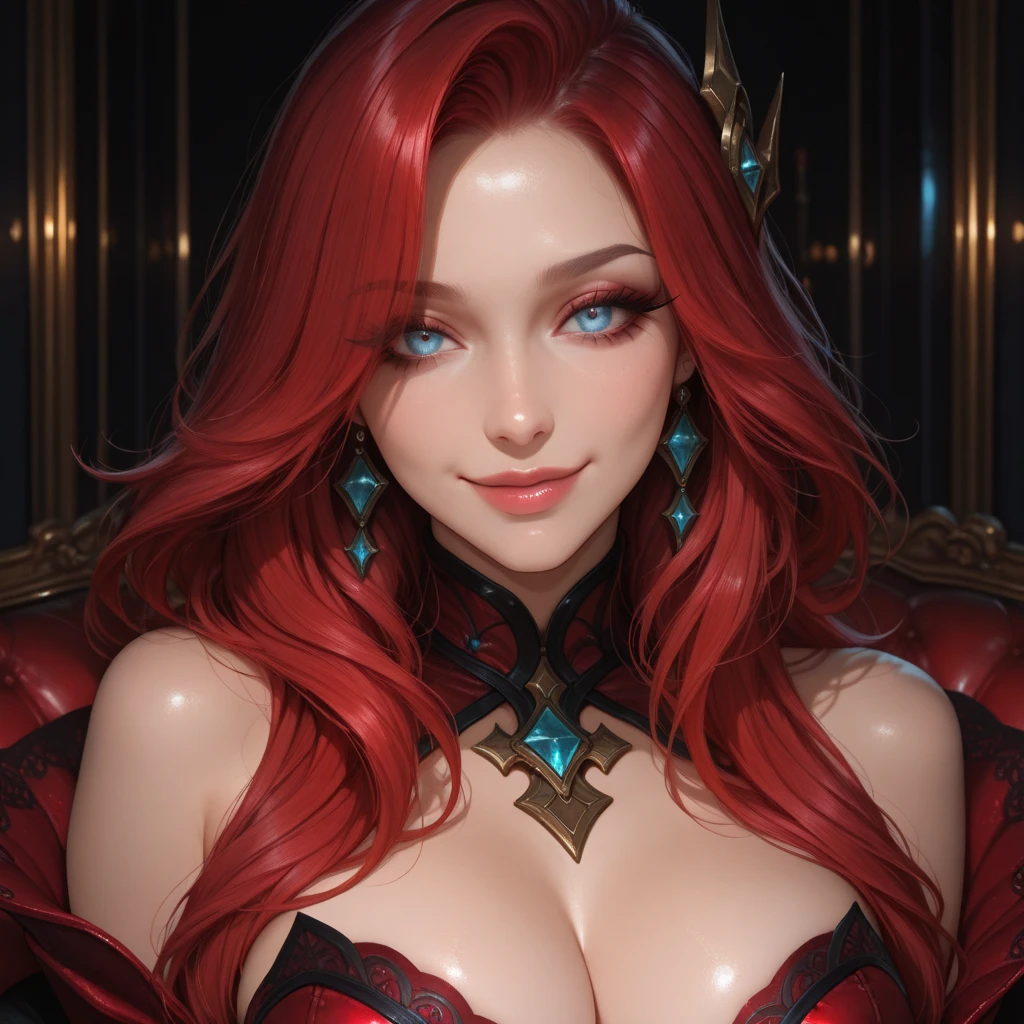 1 beautiful and sexy 20 year old girl, ((wearing traditional Hanfu armor with main colors purple and red:1)), not wearing pants, sexy hanfu style, ((long red hair:1.7)), jewelry elaborately made from precious stones and beautiful hair, ((wearing a 24k gold lace necklace:1.4)), the noble, noble style of an extremely beautiful girl, her small face is super cute, her face is very pretty, thin eyebrows, flawless beautiful face, ((black eye pupils: 0.8)), very beautiful eyes, ((light red eyes: 1)), (((big round eyes:1.6))), nice makeup and hair detailed eyelashes, steamy eye makeup, high nose, earrings, red lips, ((closed mouth: 1.5)) beautiful lips, slim hands, most beautiful thighs, ((arms spread out to the sides: 1.5)), rosy face, clean face, flawless beautiful face, smooth white skin, (big breasts: 1.5)), tight breasts, beautiful cleavage, (((big breasts and super round: 1.8))), beautiful breasts, perfect body, ((put girl's arms behind her back:1.6)), chest out, sit down on the bed, ((Open your legs:1.5)), not ashamed, 8k photo, super high quality, super realistic, super 10x pixels, optical, bright studio, bright edges, dual-tone lighting, (high-detail skin:1.2), super 8k, soft lighting, high quality, volumetric lighting, photorealistic, photorealistic high resolution, lighting, best photo, 4k, 8k quality, smooth sharp, 10x pixel, ((royal villa background:1.5)), aurora, lightning, super graphics realistic, most realistic graphics, 1 girl, alone, solo, Extremely sharp image, surreal, ((portrait:1.5))."