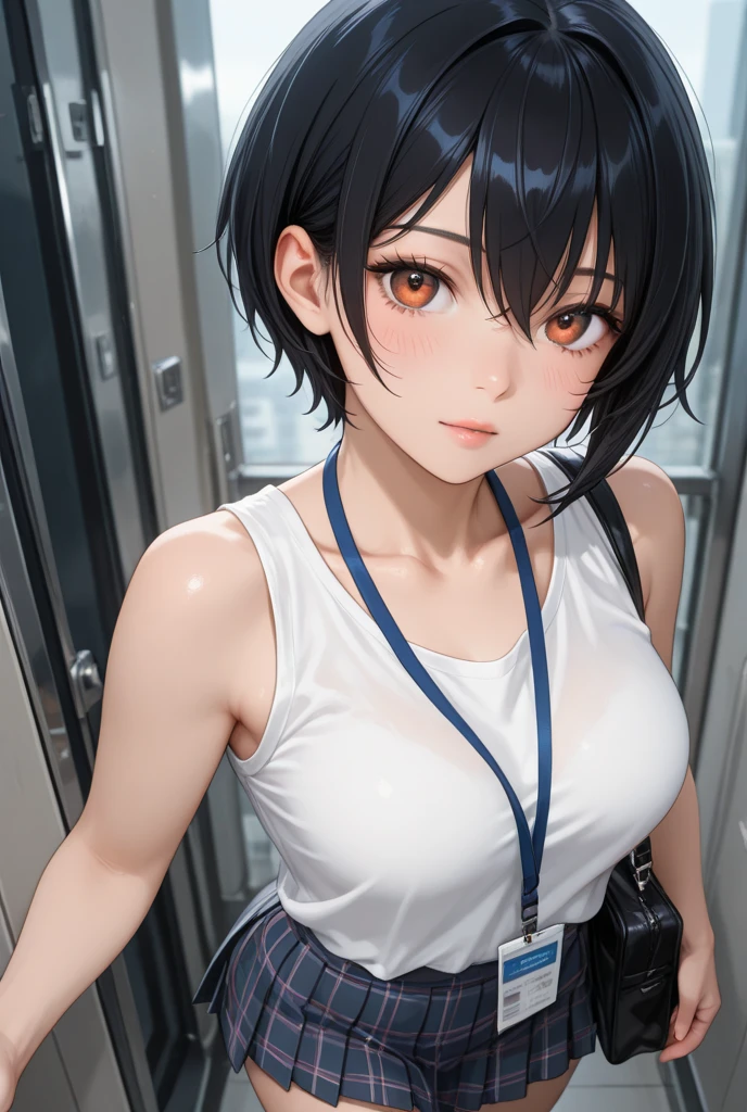 Optimal，masterpiece，High resolution，highest quality，hyper hd，Super detailed，award-winning，16k，alone，(cowboy shot)、cute face，，black hair、bob cut、 hair line，（（scarlet eyes）），long eyelashes，drooping corners of the eyes，Are standing、open your legs、thin legs、white skin，((shoot from the front)), ((See-through camisole:1.5)), ((transparent nipples))、rocket  , ((big breasts:1.5)),