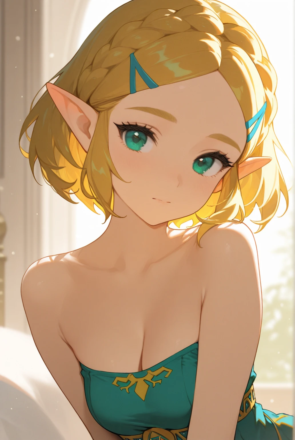 Cute girl, blonde hair, ponytail, green eyes, pointy ears, tongue out of mouth, blue bra, big , short shorts