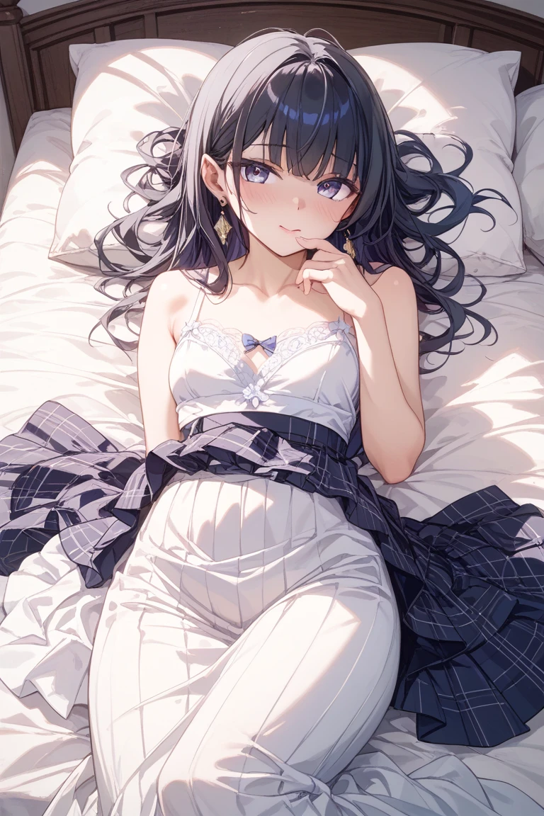 high quality, 最high quality、 Stylish design, (((The cutest girl))), ((Thin legs))、(((最high quality))), High resolution, ((detailed)), ((masterpiece)), ((Super detailed)), 16-year-old girl、Black Hair、Inner Color、((Lying on your back in bed)),((Sexual))
