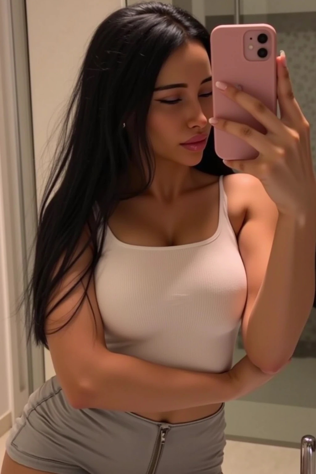 A beautiful 22 year old woman, Morena escura , close up,gym clothes (that's why,legging longa bkack),, than'that's why, sweaty skin, Loose Clothes, make up, lips, cups, the night, Messy hair, film grain, retro, Supports 160 colors, Shot on ARRI ALEXA 65, sharp focus on the subject, Fujifilm XT-3