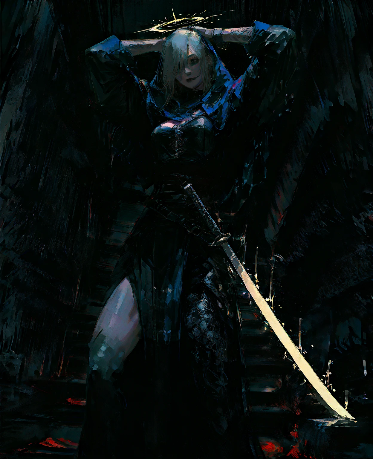 Drow, wearing a Jet Black Waistcoat, darkness all around, things lurking in the dark, masterpiece, best quality