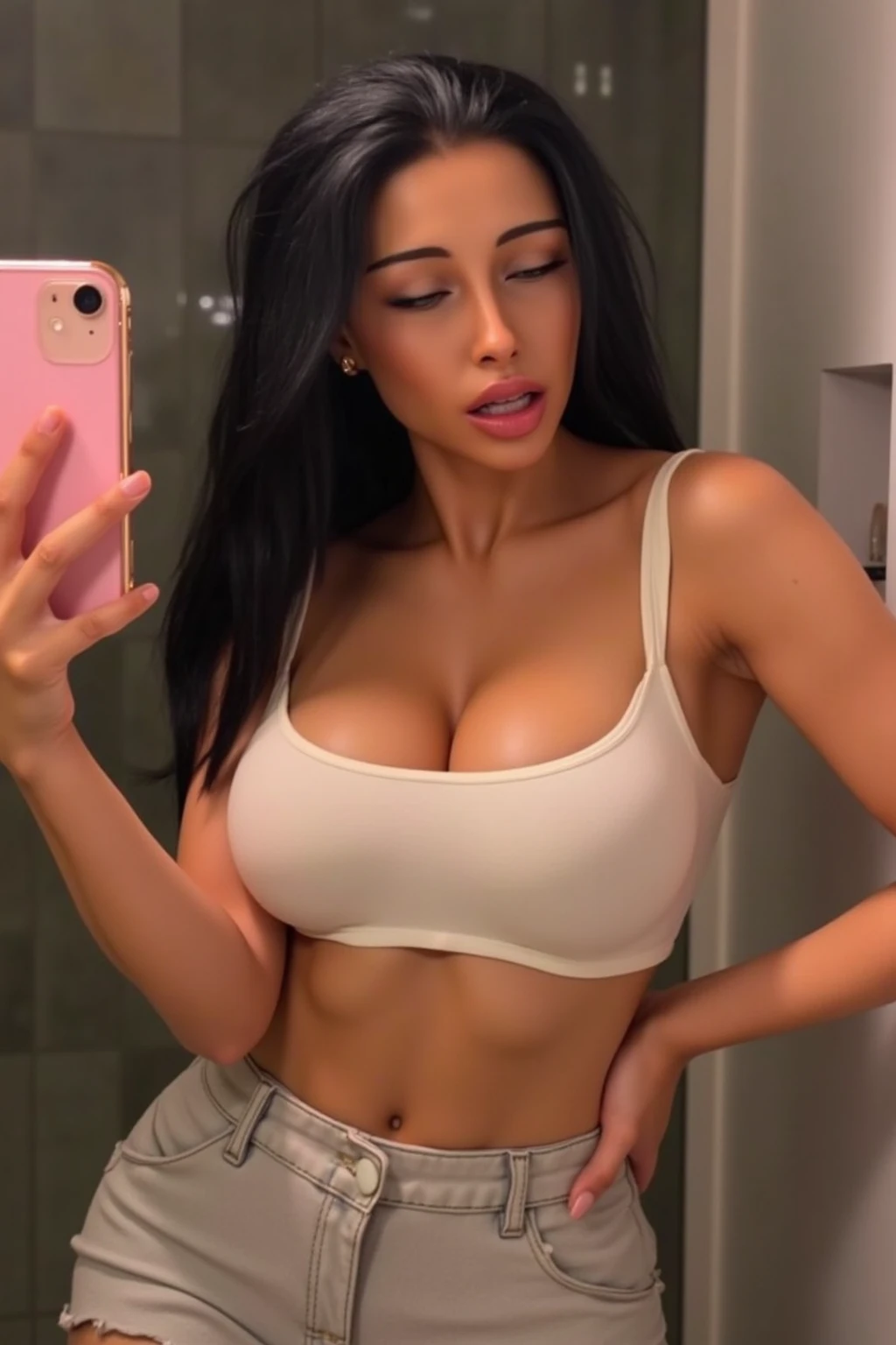 ultra realistic photo, selfie, beautiful white woman in her 20's, long curly black hair, influencer, playing video games in front of a tv in her room at home, exciting, buxom,
