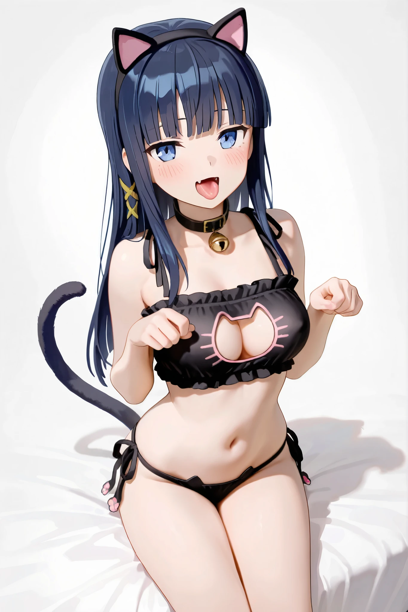 1girl,Blue cat lingerie,{{{cat paw globe,cat paws}}},{{{{{thick thighs}}}}},miniskirt,pleated skirt,lifted by tail,cat tail,navel,ass,from side,{slit pupils},twisted torso,cleavage,Twintailshair,large breasts,