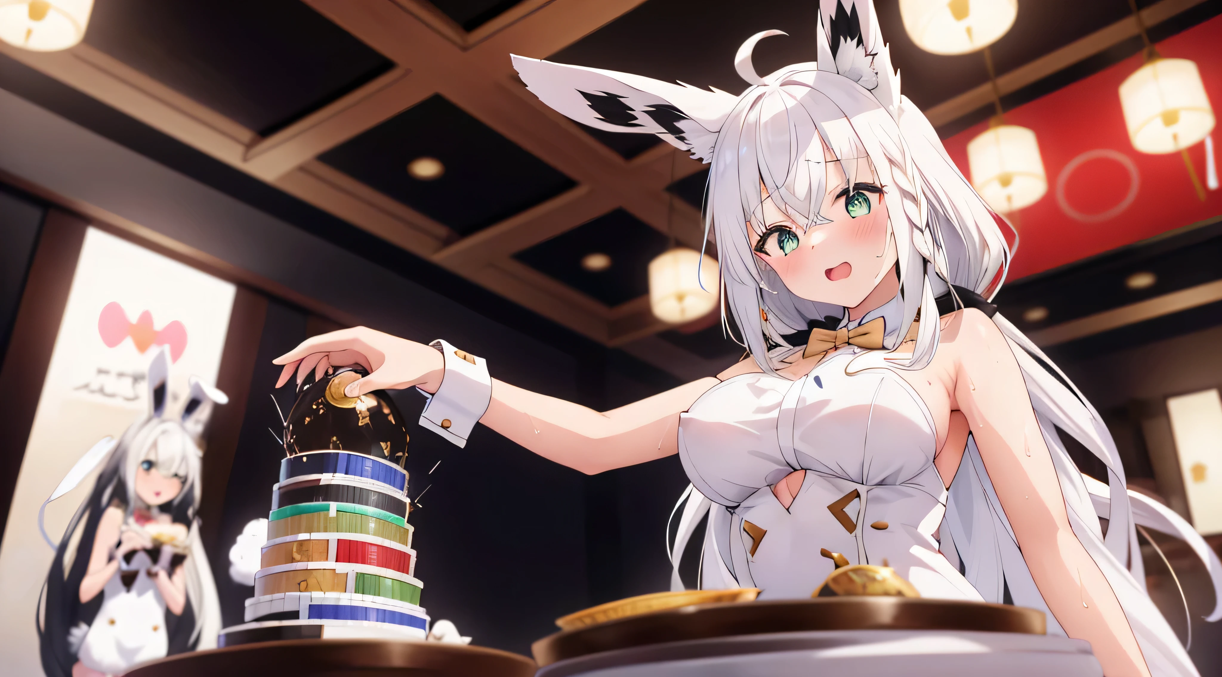 Emilia re:zero, purple eyes, Emilia, crown braid, x hair ornament, flower hair ornament, white hair, long hair, medium breasts, playboy bunny, bunny suit, anime girl in bunny ears sitting on a table with a cat, from girls frontline, characters from azur lane, wlop and sakimichan, fine details. girls frontline, guweiz on pixiv artstation, trending on artstation pixiv, top rated on pixiv, from the azur lane videogame, azur lane style, guweiz