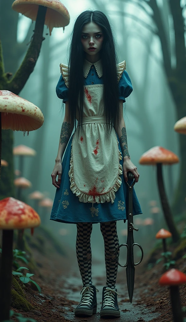 A movie poster, with a teenager with long black hair and green eyes,wearing a blue dress and a bloody white apron,Black boots, and striped socks, holding a knife in his hand, E no fundo, a forest with giant mushrooms and red flowers