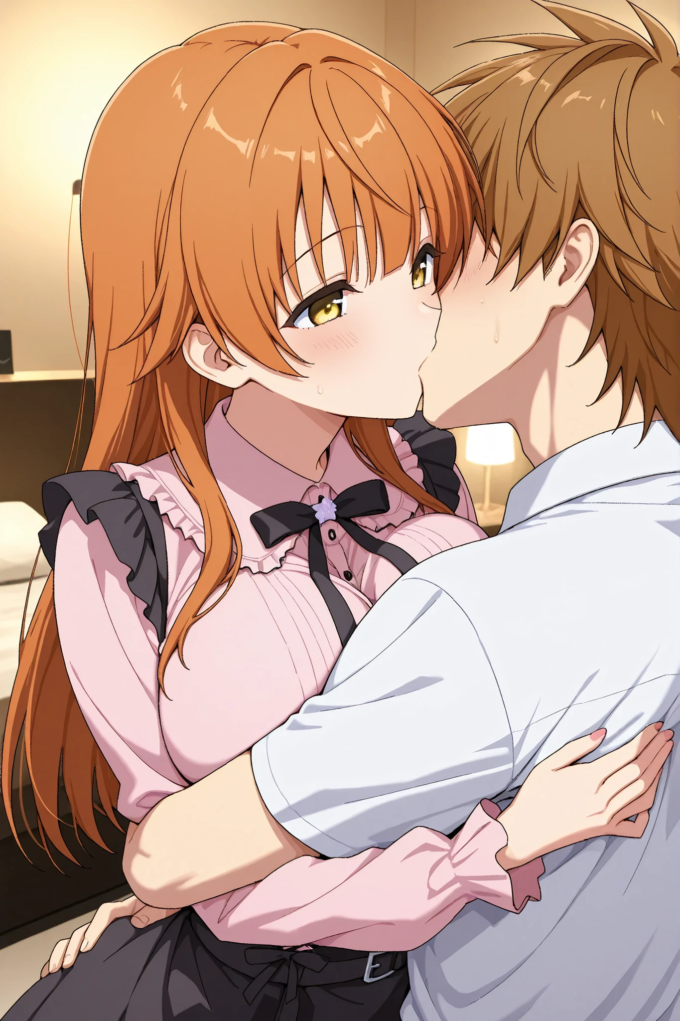 score_9, score_8_up, score_7_up,1 man,solo,
rito_yuuki, Riko Yuusaki, yellow eyes, huge breast,
jirai kei, straight hair,
hotel room, man and woman hugging, Kiss, on your butt,