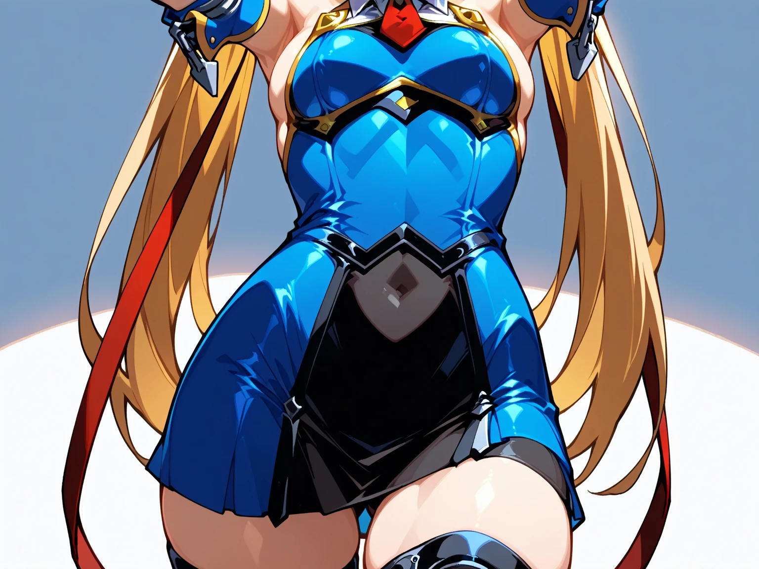 ultra-detailed, Explicit, Beautiful body, Beautiful Nose, Beautiful character design, perfect eyes, perfect face, ultra highres, 4K, beautiful legs, perfect legs, Nice hands, Perfect hand, Masterpiece, Best Quality, Highly detailed, illustration, absurdres, perfect anatomy, street fighter, doll suit, shadaloo doll, dollsuit, expressionless, blank eyes, looking at viewer, red gloves, emotionless, black latex, corrution, mind control, female combatant, full body, hypnotized, unhappy trance, full body suit, ribbed bodysuit, both arms at side, obey, perfect female body, extremely glossy latex, hypnosis, hypnoLora, empty eyes, Mind control device, poses, submissive_pose, Slave, stand up straight, standing, standing at attention, hat, necktie, belt, latex, ribbed bodysuit, thighhighs, garter belt, Fighting Stance, extending the right arm from the shoulder into the air with a straightened hand, military, thigh boots, 1girl, hair ornaments, blonde hair, long hair, blue eyes, (((pixel-perfect, detail-perfect))), solo, 1girl, Yuinshiel Asteria, Regalia: The Three Sacred Stars