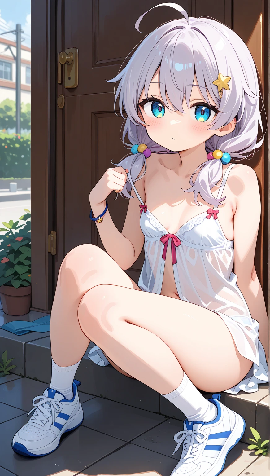 (masterpiece, Highest quality, detailed:1.3),(photograph:1.3), HD transparent background, High detail,cute,One Girl, cute表情, smile,、Hair tied up、Sparkling eyes、View from below、indoor、Bedroom、,(((Spread your legs)))、(((White panties))),(((White bra)))、girl around 24 years old(Baby Face、Very slim figure)、Sitting,