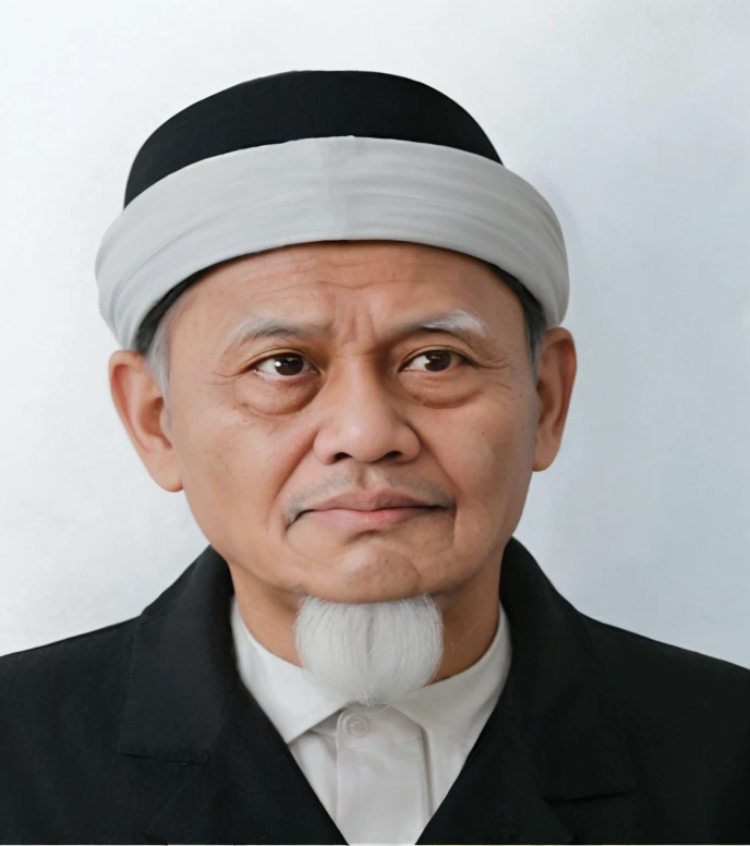 Indonesian Muslim middle-aged man, brown skin with wrinkles on the forehead, 70 years old or above, wearing a white head covering, black robe/kurta/jubbas, small transparent glasses, sharp nose, thin lips, beard not too long, clear clean eyes, Eyebrows are slightly black and gray. Very realistic images, ultra HD quality.