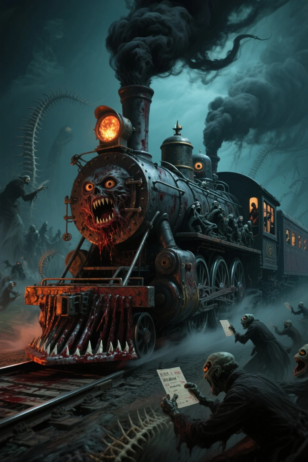 Cranial bleeding, leeches train the living
Cursed are those who speak its name
Ruse of metacarpi, caveat emptor
To all that enter here

[Chorus]
Exoskeletal junction at the railroad delayed