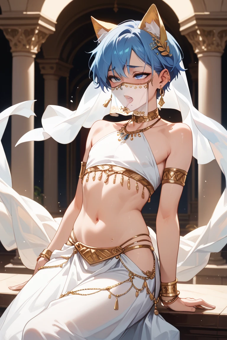 hight resolution, masutepiece, best qualtiy,Best Quality,hightquality, detaileds, 1boy, (show armpit:1.3), 14-year-old boy, Teenage boy, Desert Oasis, Shy, transparent veil around the waist, Transparent veil on the head, Navel piercing, big gold accessories, masutepiece,height setting device, Best Quality,Gold bangles、Gold collar、((big gold breastring)),