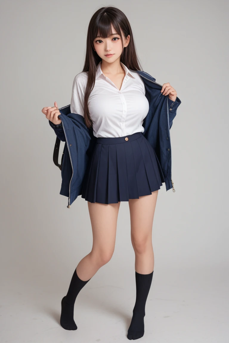 ((school uniform)),ribbon at neck,(school uniform and ((navy skirt)) and white shirt:1.1), Skin color, big , smile, (8k, RAW Photos, Highest quality, masterpiece:1.2), masterpiece, super detailed, super high quality, (Realistic and Realistic photography:1. 37), High-resolution RAW color photos, Very delicate and beautiful, highly detailed, 8k壁紙, wonderful, detailed, Very eye, very detailed, very detailed skin, very thin fingers, very detailed nose, very detailed mouth, Perfect Anatomy, Upper Body, studio, Soft lighting, A full-body shot of a cute idol wearing a one-piece swimsuit, Playful pose, Hands on hips, smile, Pastel Background, Realistic, Attention to detail, studio photography