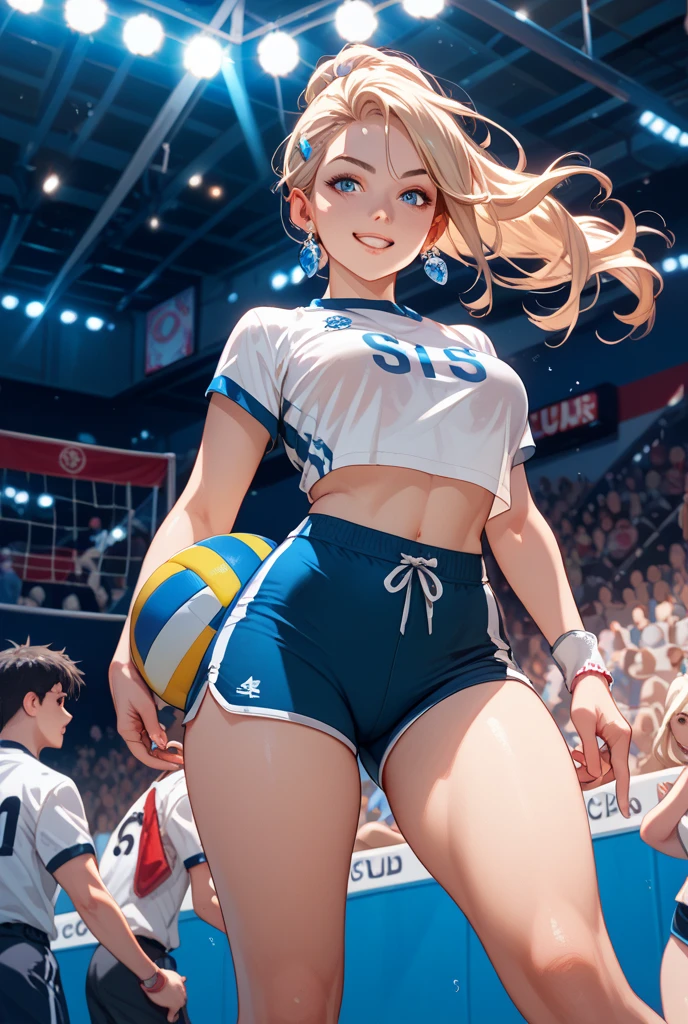 ((masterpiece, best quality, high resolution, UHD, pixel perfect, depth of field, 8k, RTX, HDR)), cowboy shot, BREAK, 1 girl, ((girl style anime)), Glossy skin, rounded eyes, beautiful eyelashes, realistic eyes), (detailed face, blushing:1.2), (smooth texture:0.75, realistic texture:0.65, photorealistic:1.2, anime CG style, sharp, Beauty of perfect body, realistic shadow perfect body, BREAK, dark skin, medium breasts, long hair, curly hair, white hair, well defined eyes, high definition eyes, Beautiful detailed eyes, eyelashes and black shadow under the eyes, BREAK, blushing, high gloss eyes, shiny skin, sharp, Perfect Body Beauty, round ass, (Black Volleyball Uniforms:1.3), Black bloomers, Natural Color Lip, BREAK, Bold sexy poses, Smile, 20 years girl, Cute, Sexy shot looking at camera, Gymnasium, Volleyball Court, Attack the ball.
