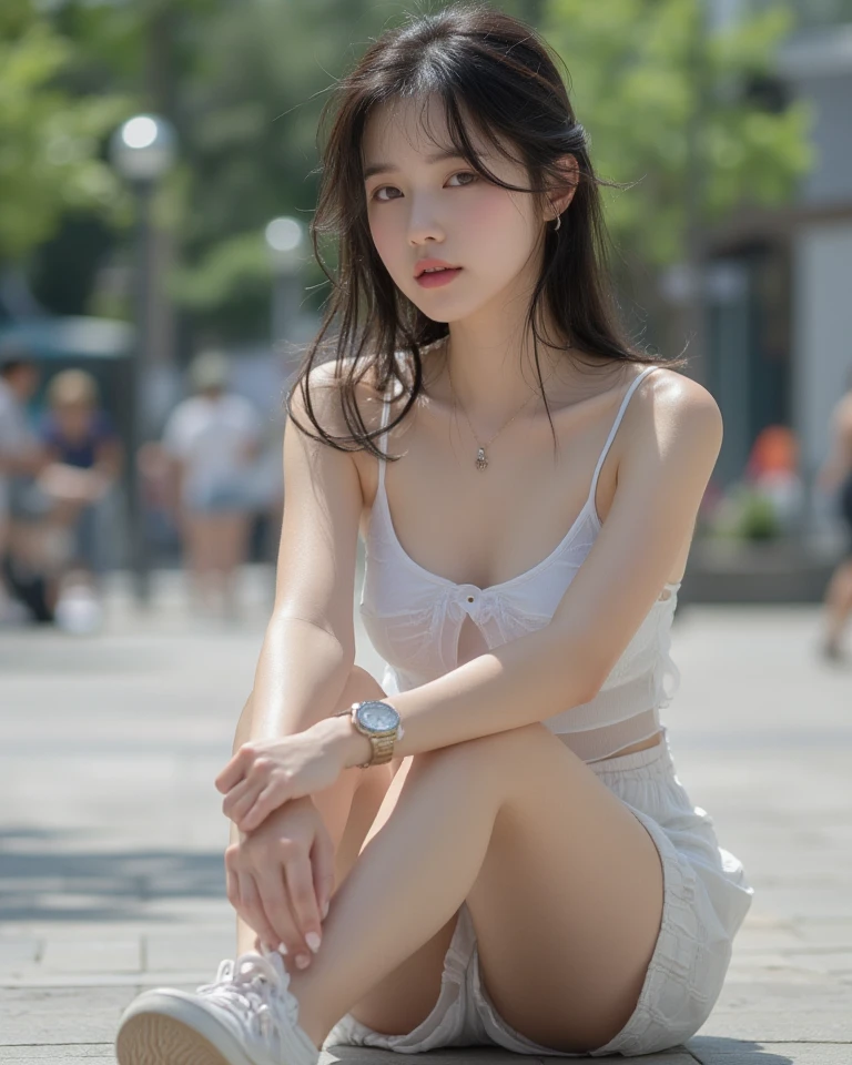 Random posture, 
(raw photo,8k,photorealistic:1.3),(masterpiece, best quality),  (from below), 35mm shot, looking at viewer, highres, 
((a girl, solo)) , (detailed beautiful face, beautiful detailed pink eyes,  detailed perfect skin), 
((flat chest)), high ponytail contorted, eyes visible through hair, (blush), wet hair,
sitting, white|black kimono, topless, (leg crossed) , arms behind back, water, hair ornament, lace trim,