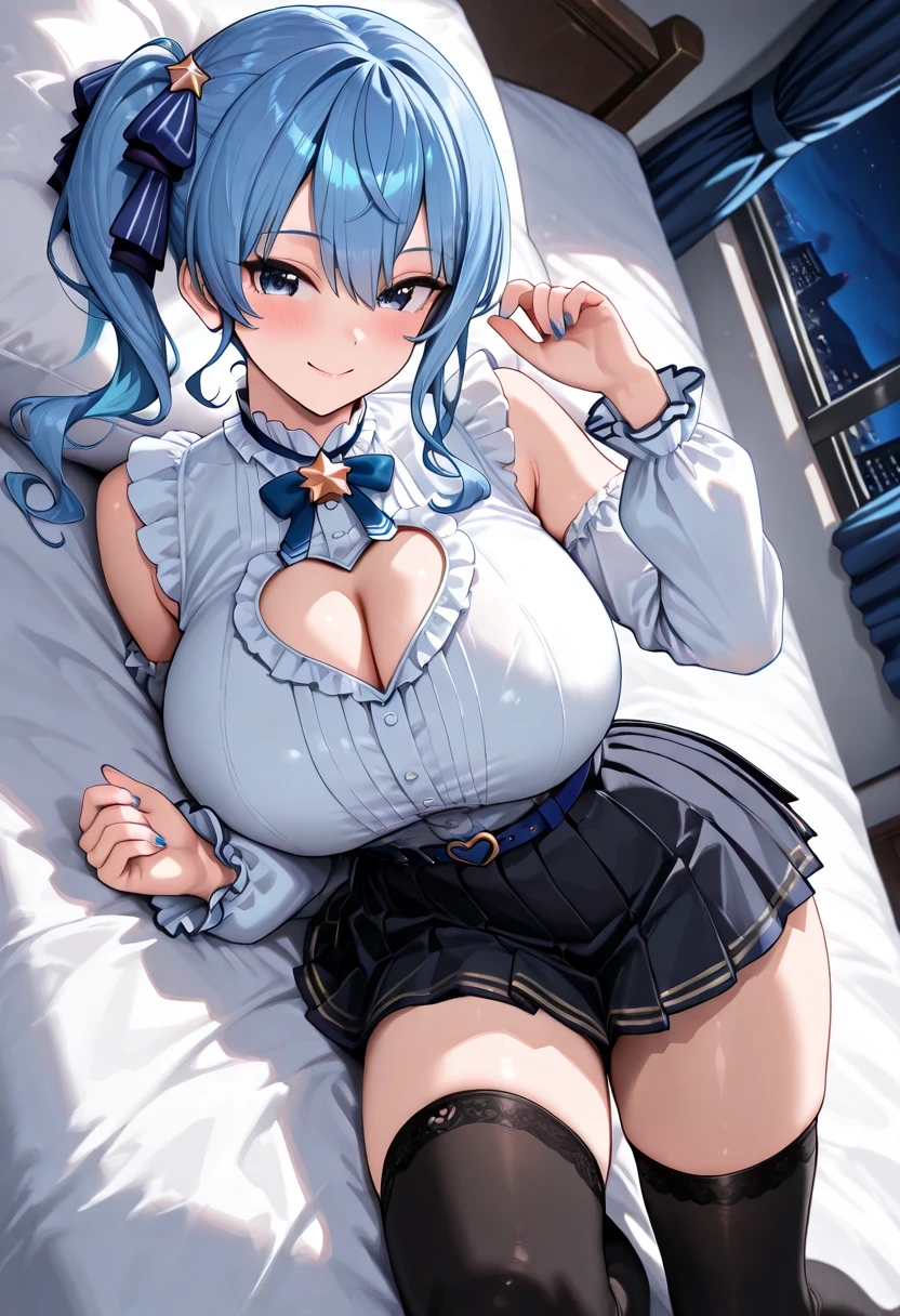 nsfw,,Short Hair,((One man and one woman,Having sex)),Lying down,((Lift both legs)),Nipples,Cat ear,Blue Hair,Pink Eyes,light blue ta,White socks,Pink ribbon,Laughing with your mouth open,Best image quality,Highest quality