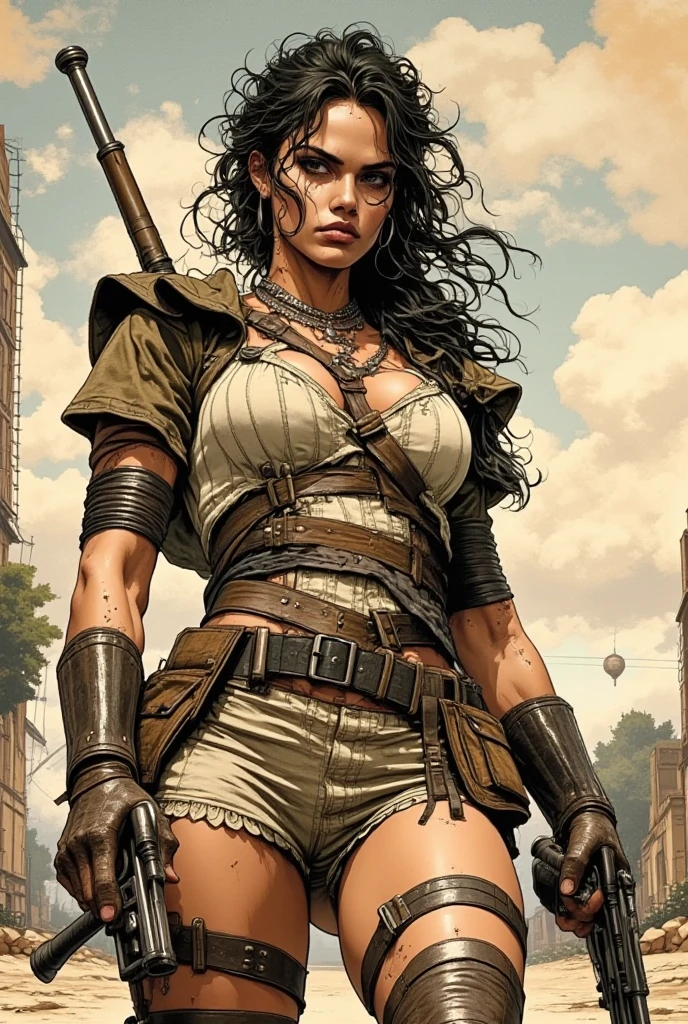 A post-apocalyptic warrior, uma mulher de 35 anos quase nua no estilo Simon Bisley para a capa da revista Heavy Metal, cabelo metade preto metade branco, Minimum clothing, roupas curtas,