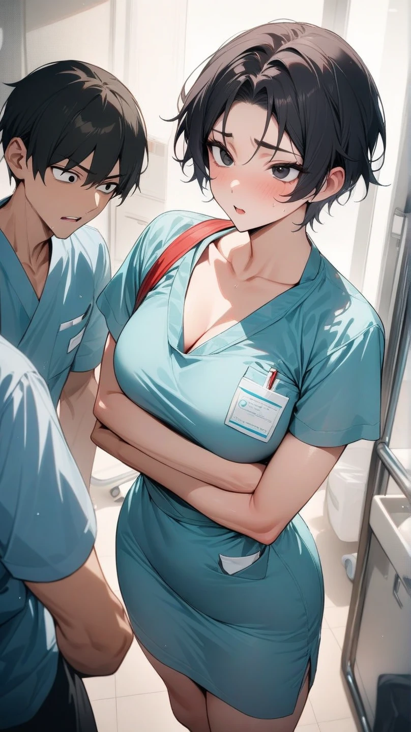 A couple in a hospital, beautiful detailed eyes, extremely detailed face, short clothes, curvy hips