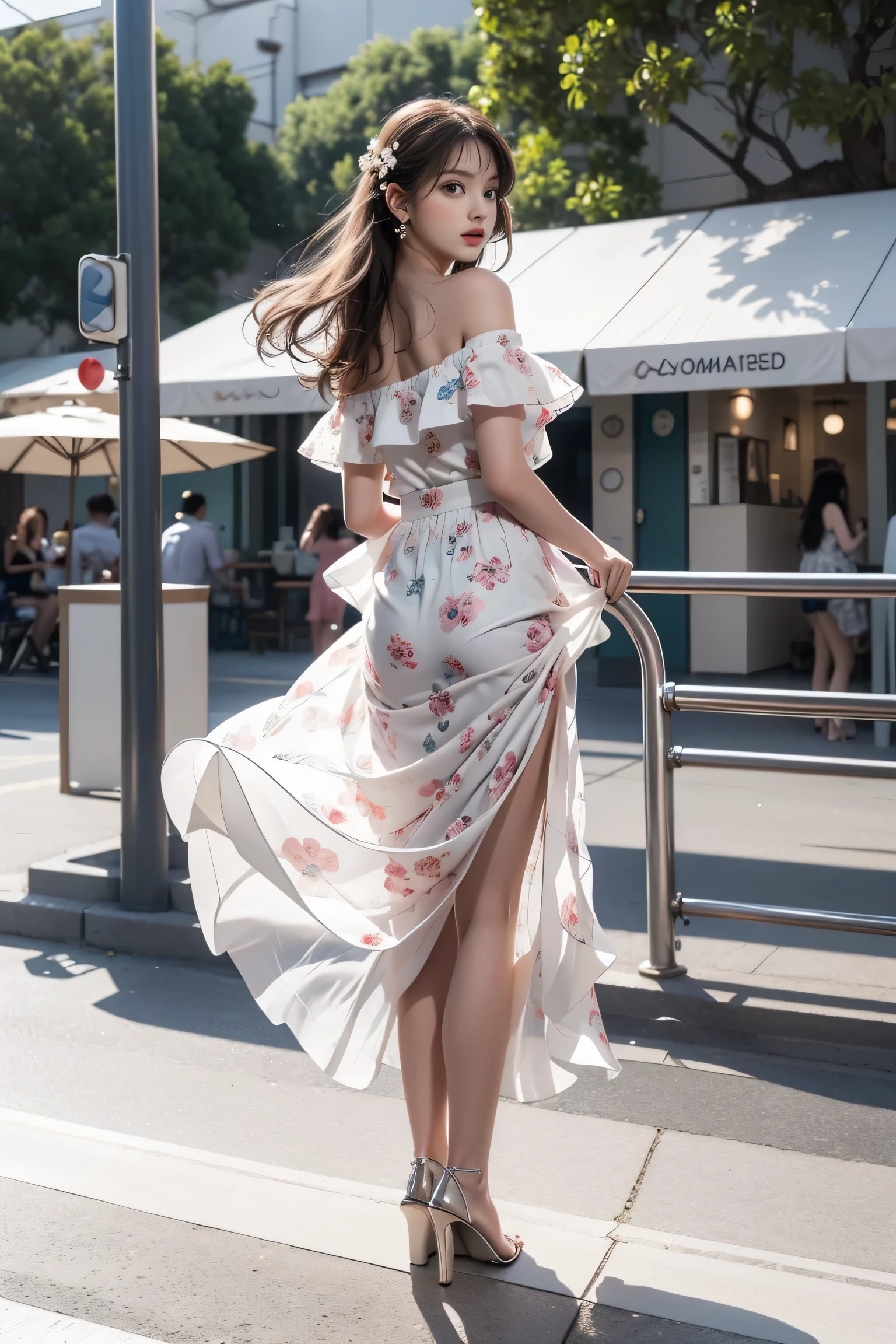 A girl walks down the street,white shirt,Purple floral long dress,Fair calf,red high heel pumps