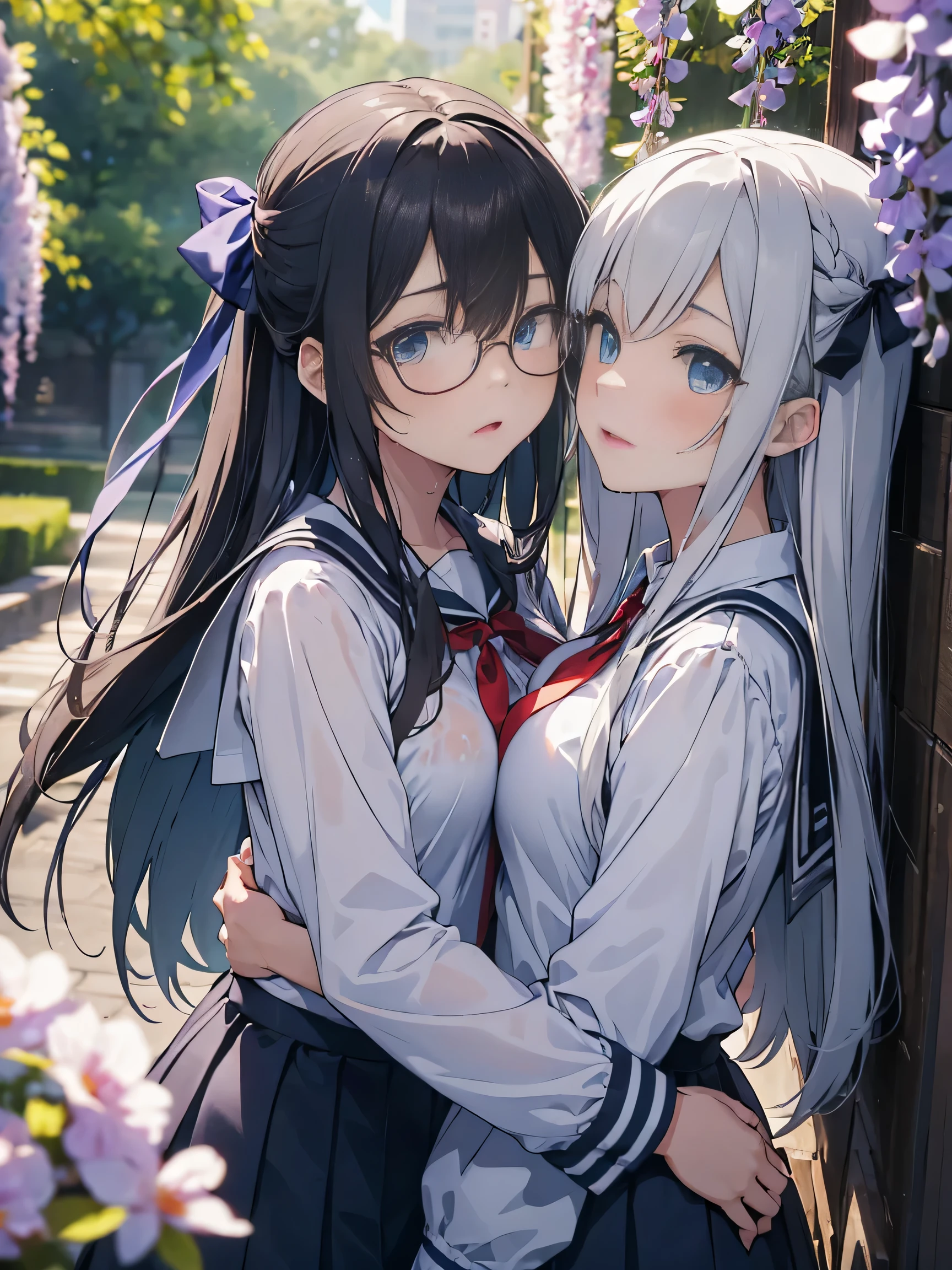 (score_9, score_8_up, score_7_up), source_Anime, absurd_res, white, blue, black, 2girls, duo, multiple girls, upper body, super fine illustration, an extremely delicate and beautiful, best quality, masterpiece, 8K, spring setting, wisteria flowers, gentle breeze, sunlight filtering through trees, BREAK
left girl is(long silver hair:1.3, two side-up:1.2, blue eyes:1.2, hair ribbon with black, ample breasts, white sailor school uniform:1.3, red tie, black pleated skirt, wet clotch, wet body, ultra-beautiful girl), BREAK
right girl is(long black hair:1.3, half updo:1.3, brown eyes, wearing glasses:1.3, round eyewear:1.3, thick eyebrows, sagging eyes, hair ribbon with light blue, ample breasts, white sailor school uniform:1.3, red tie, black pleated skirt, wet clotch, wet body, ultra-beautiful girl), BREAK
fluttering hair, blushing faces, surprised expression, embarrassed reaction, yuri:1.3, lesbian foreplay:1.3, looking viewers:1.3, mutual hug:1.3, breast press:1.3, dynamic pose, soft fabric movement, fluttering petals, warm and bright atmosphere, soft lighting, delicate color palette, detailed clothing folds, flowing hair, lively spring vibe, highly detailed rendering, breathtaking composition,